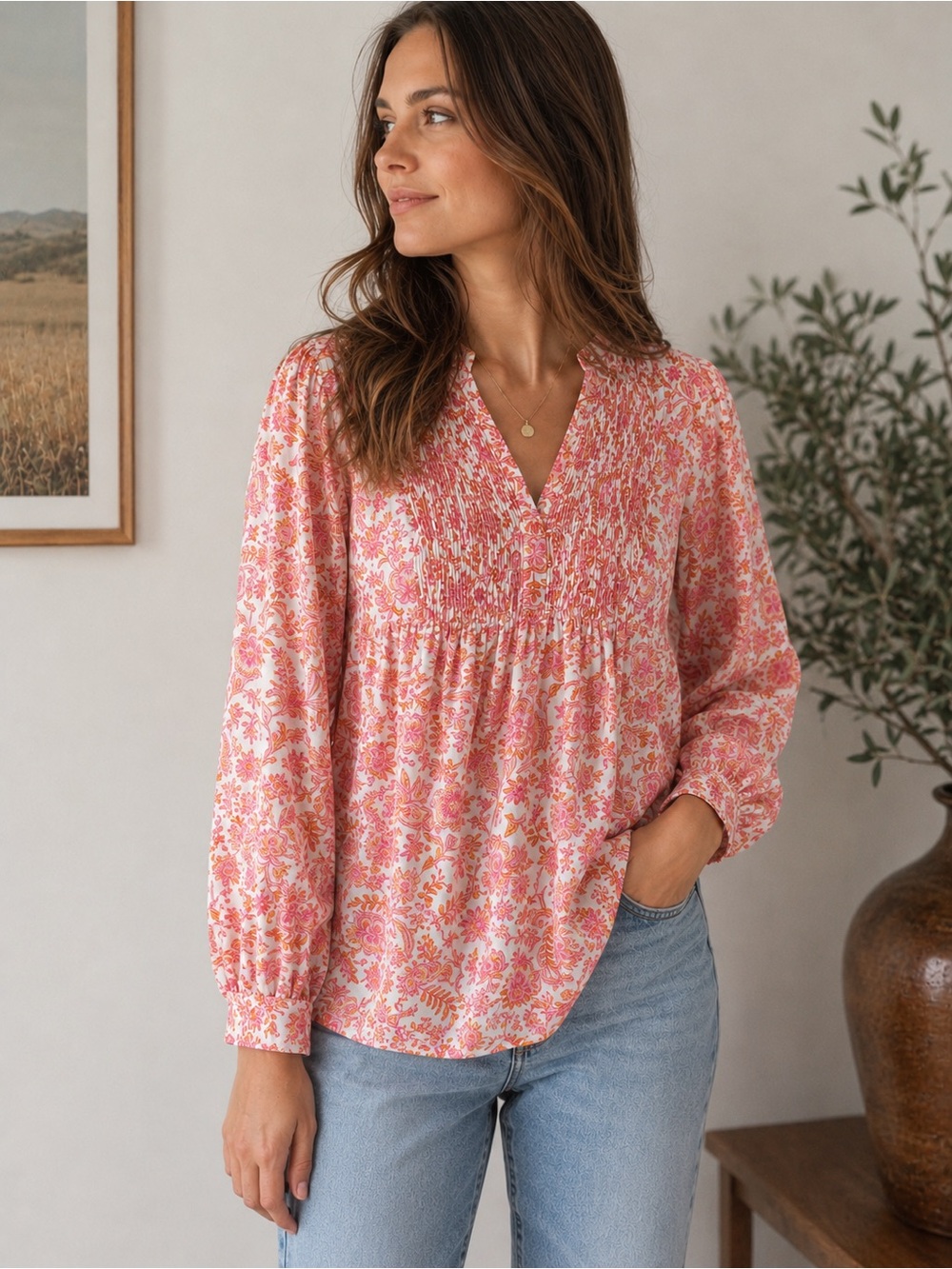 Lucky Brand Floral Boho Peasant Blouse Shirred Yoke Large Viscore Cottagecore